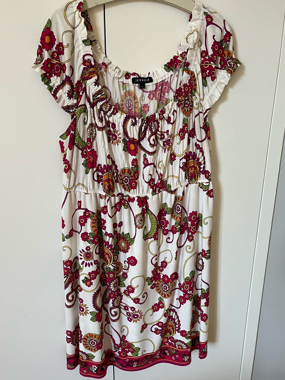 Jessica White Floral Scoop-Neck Jersey Dress with Fuscia, Orange & Green Print